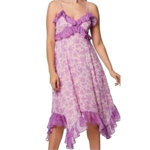 BCBG Women’s Purple Dressy Ruffles High Low Floral Sleeveless Dress New smal